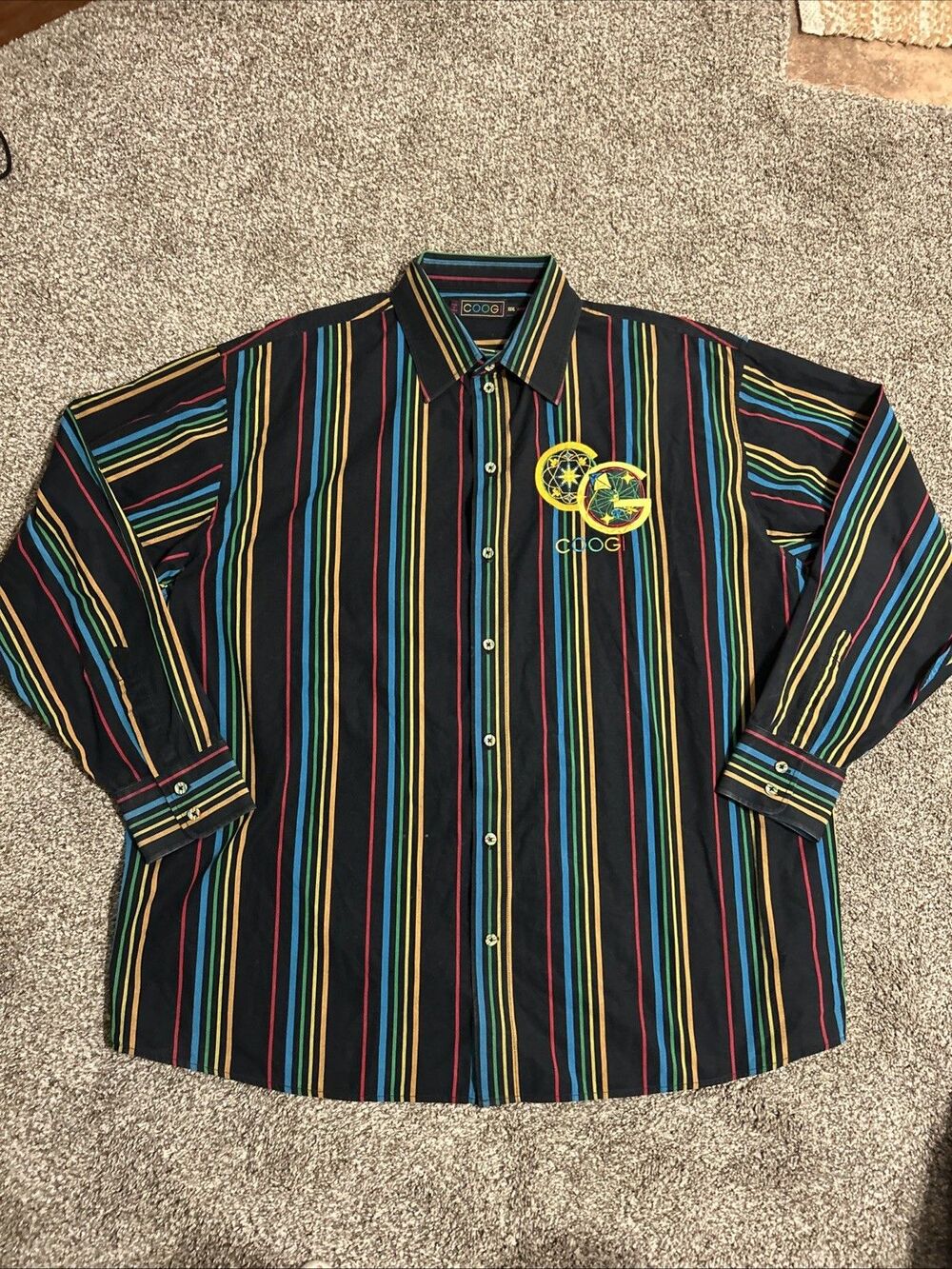 COOGI Dress Shirt Men’s 3XL Striped Black Embroidered Button Up Long Sleeve